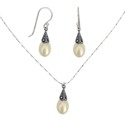 Antiqued Sterling Silver Crystal Marcasite Pearl Pendant Necklace and Earring Jewelry Set