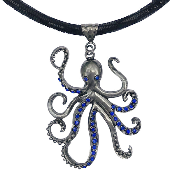 Large Pewter Octopus Pendant Choker Necklace with Blue CZ and Rhinestones on Thick Leather Cord