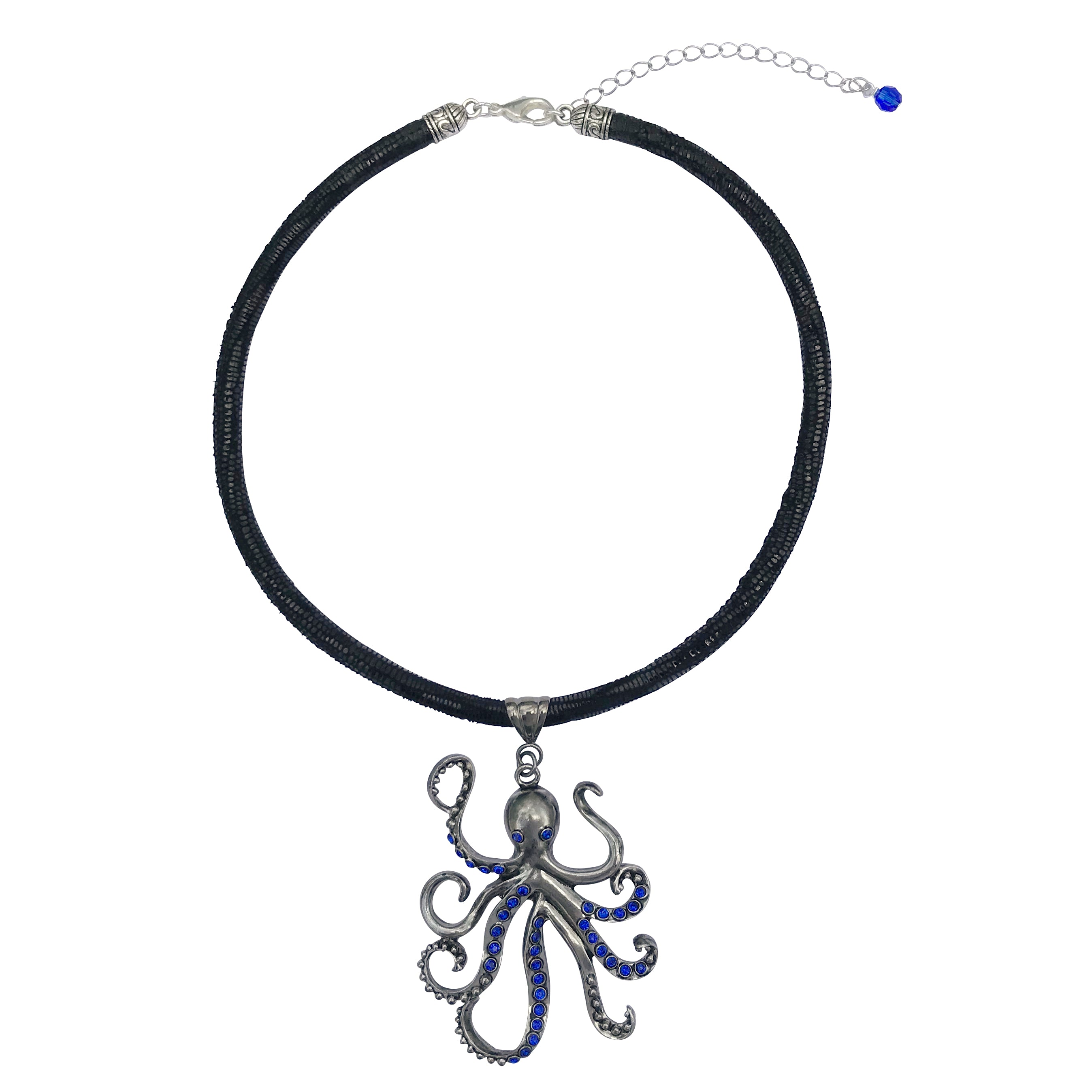 Alilang Antique Silvery Blue Topaz Rhinestone Octopus Pendant Necklace - Steampunk Style Dangling Sea Creature Jewelry