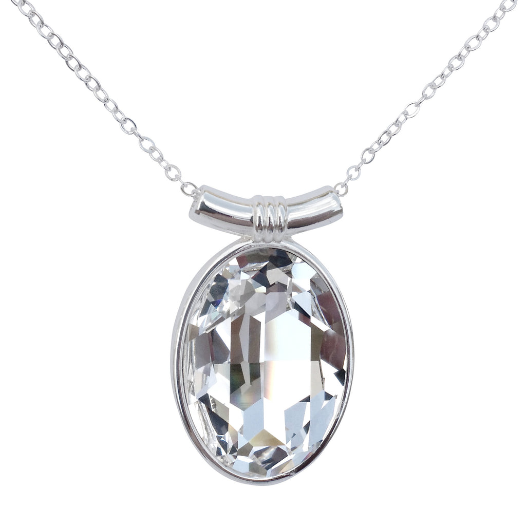 Diamond Clear Swarovski Crystal Oval Pendant on 18" 2mm Silver-Plated Necklace
