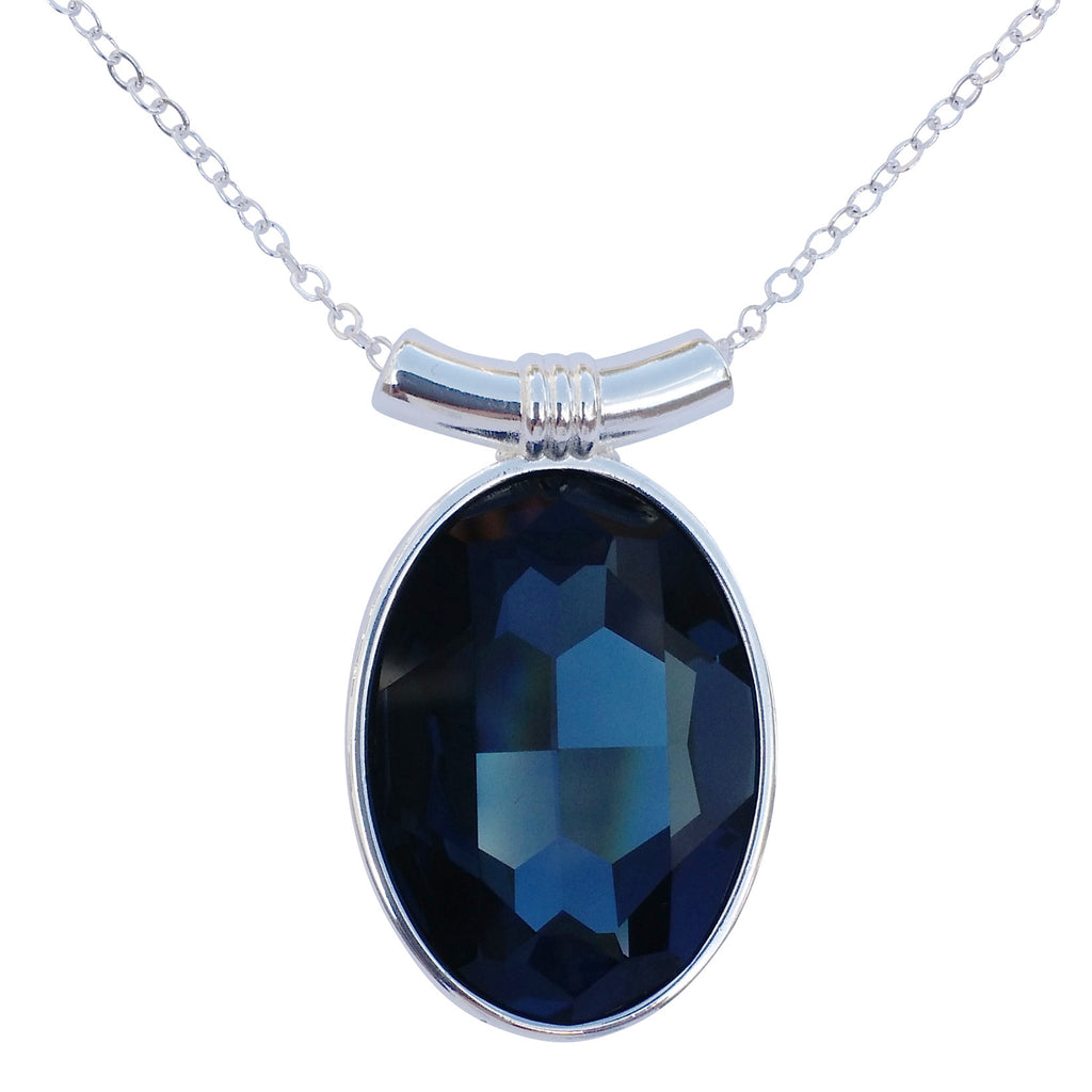 Sapphire Blue Swarovski Crystal Oval Pendant on 18" 2mm Silver-Plated Necklace
