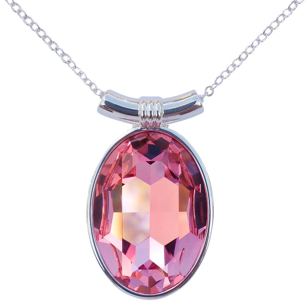 Pink Rose Swarovski Crystal Oval Pendant on 18" 2mm Silver-Plated Necklace