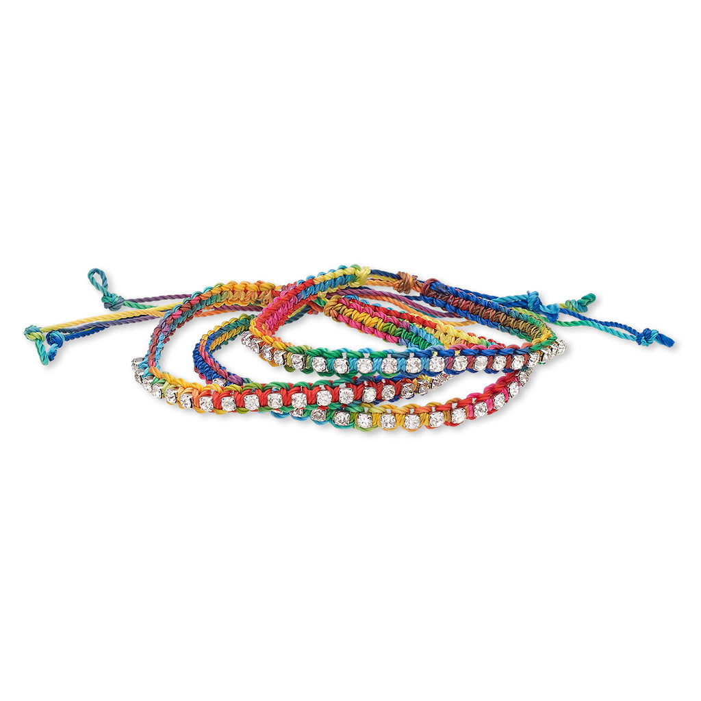Rainbow Bling Braided Nylon and Rhinestone Bracelets, Adjustable, Set of 3