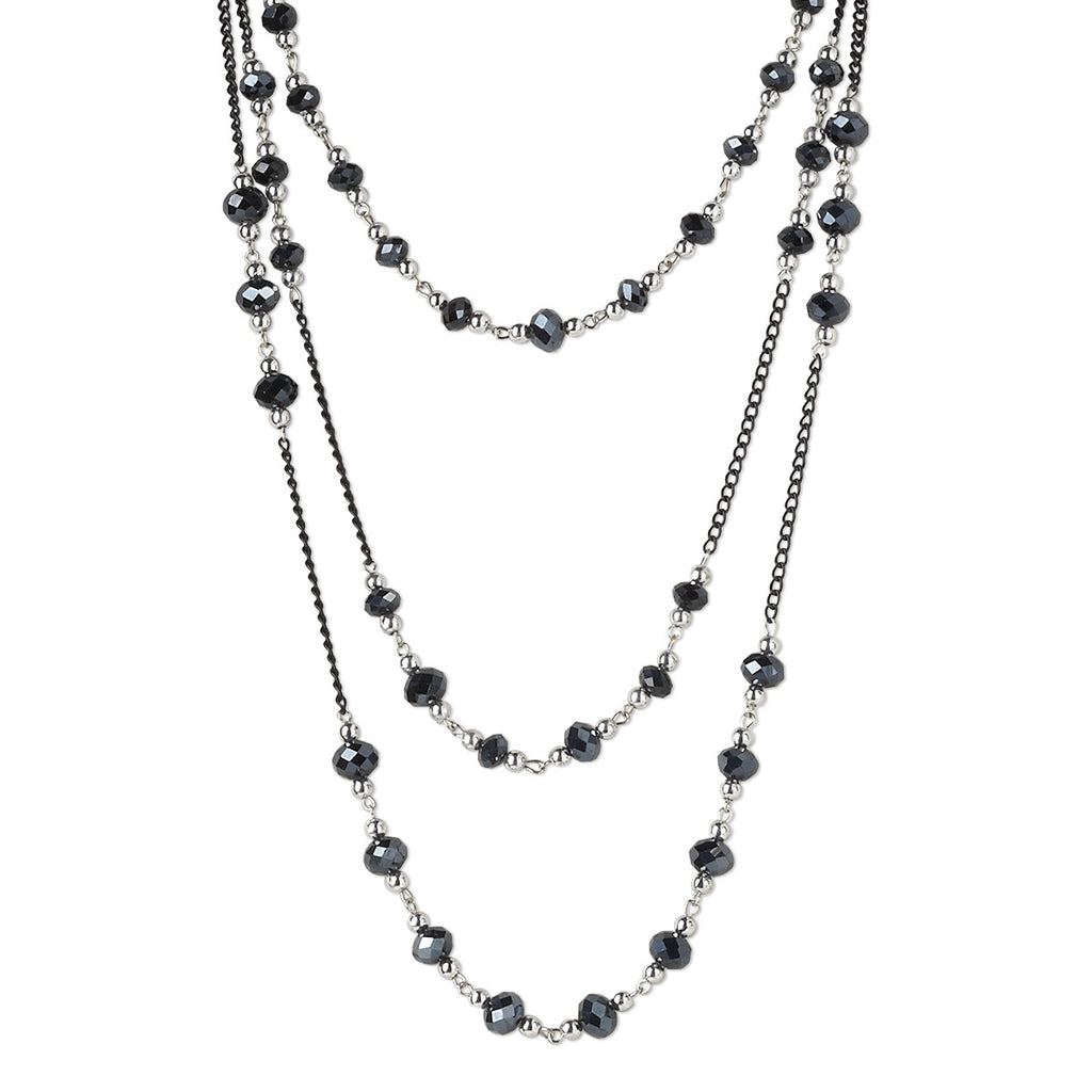 Triple Strand Black and Silver Beaded Black Chain Gothic Multistrand Necklace
