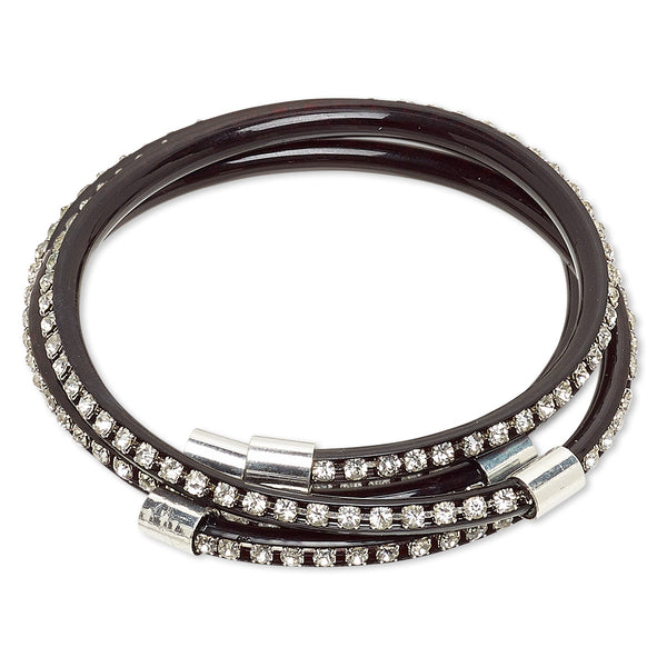 TWO Adjustable Rhinestone Black PVC Silver Capped 80's Gothic Wrap Bracelets