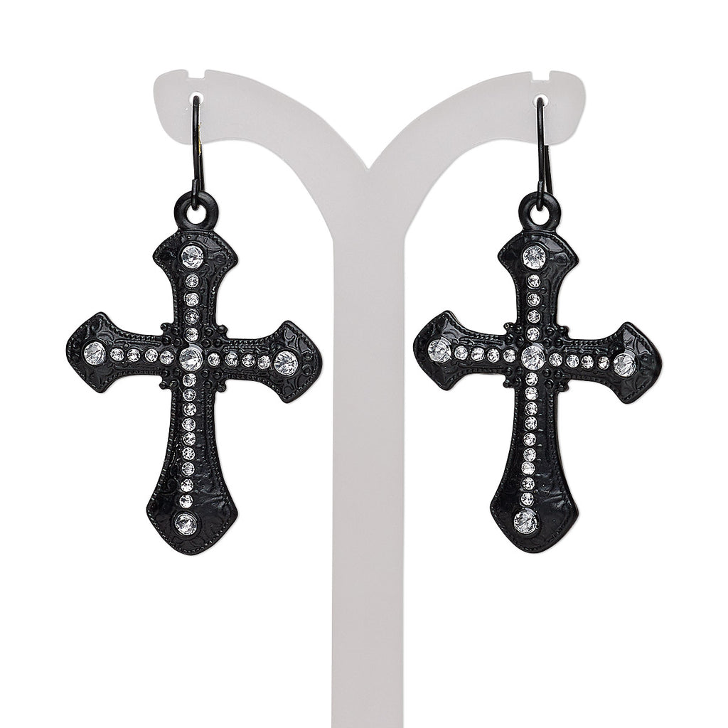 Pair of Gothic Bling Crystal Black Cross Earrings with Rhinestones on Black Steel Hook Ear Wires