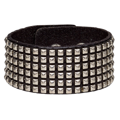 Extra Wide Black Leather Steel Square Studded Gothic Bracelet