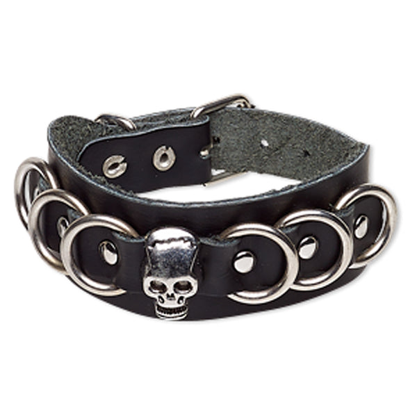 Gothic Biker Black Leather Skull and Loops Bracelet, Fully Adjustable