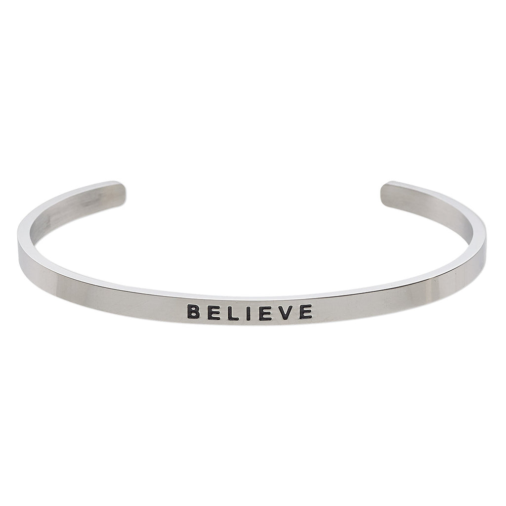 Stainless Steel "BELIEVE" Inspirational Cuff Bracelet