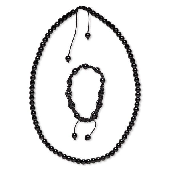 Natural Black Obsidian 8mm Bead Necklace and Bracelet Set, with Black Nylon Macrame Knot Closure, Adjustable