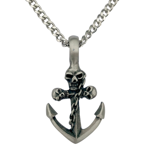 Pewter Anchor with Gothic Skulls Pendant with Extra Large Bail, on Men's Heavy Curb Chain Necklace, 24"