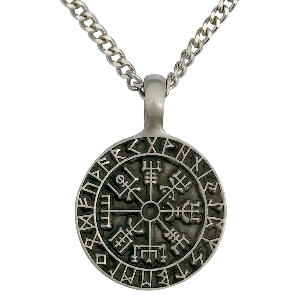 Pewter Gothic Viking Compass Rune Pendant with Extra Large Bail, on Men's Heavy Curb Chain Necklace, 24"