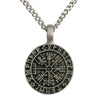 Pewter Gothic Viking Compass Rune Pendant with Extra Large Bail, on Men's Heavy Curb Chain Necklace, 24"
