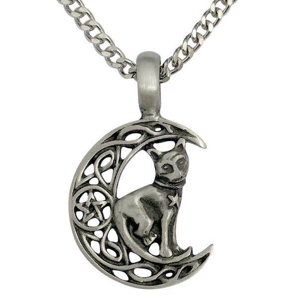 Pewter Celtic Moon Cat Pendant with Extra Large Bail, on Men's Heavy Curb Chain Necklace, 24"