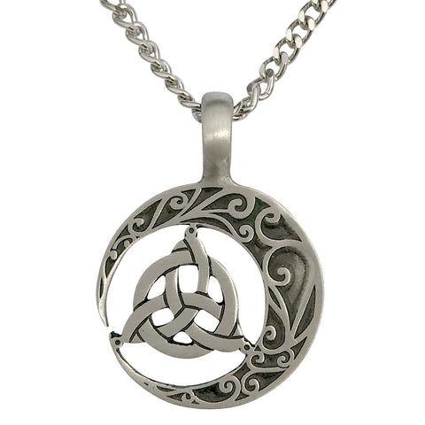 Pewter Celtic Crescent Moon Pendant with Extra Large Bail, on Men's Heavy Curb Chain Necklace, 24"