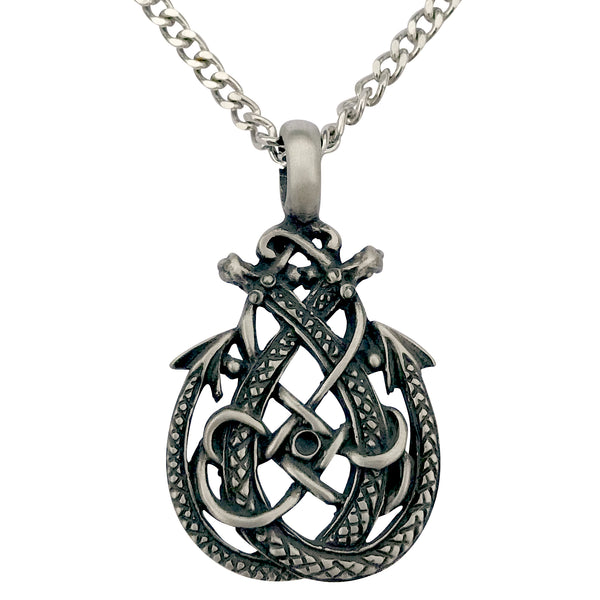 Pewter Celtic Double Dragon Pendant with Extra Large Bail, on Men's Heavy Curb Chain Necklace, 24"