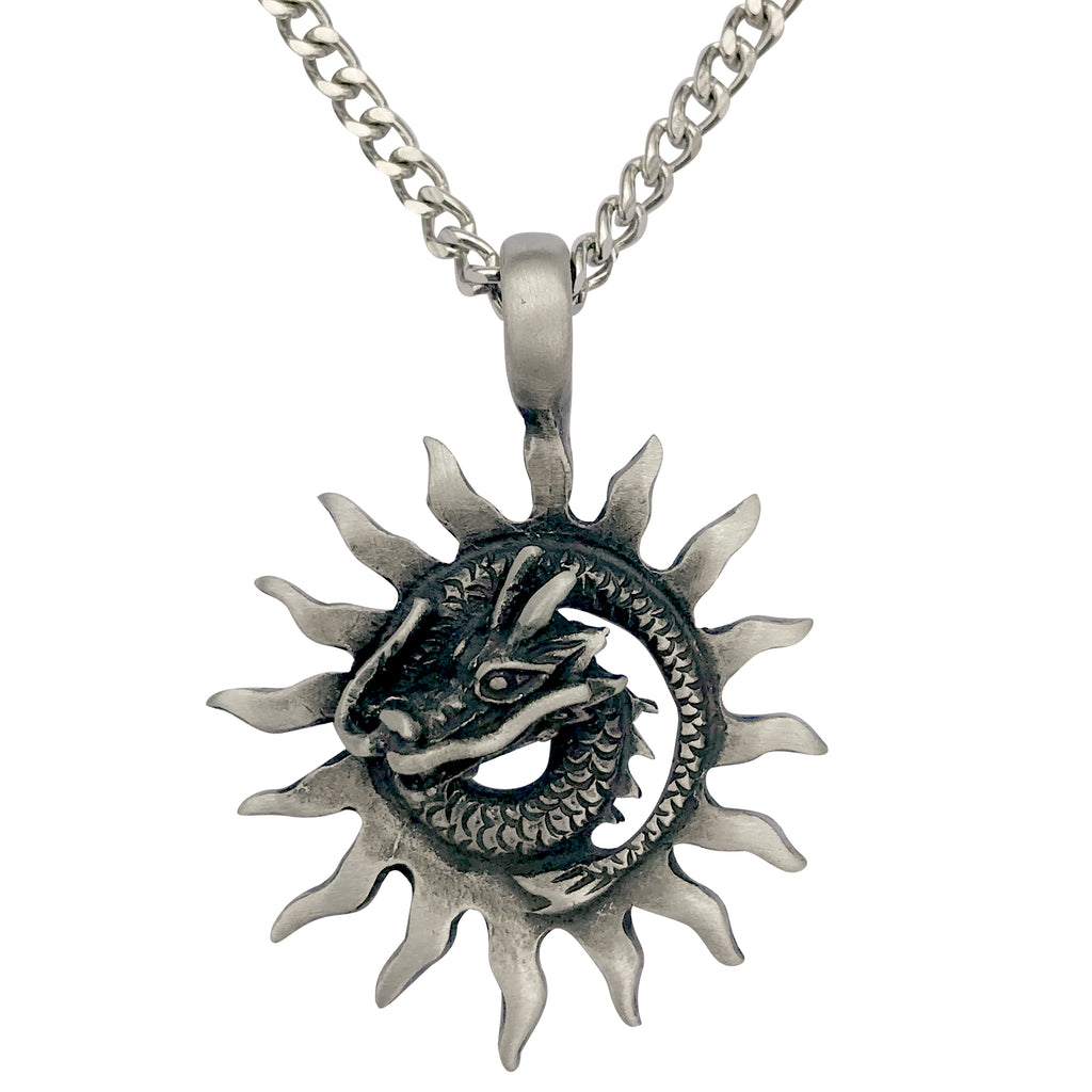 Pewter Sun Dragon Pendant with Extra Large Bail, on Men's Heavy Curb Chain Necklace, 24"