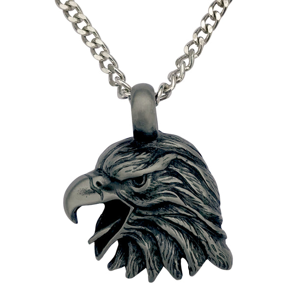 Pewter Eagle Head Pendant with Extra Large Bail, on Men's Heavy Curb Chain Necklace, 24"