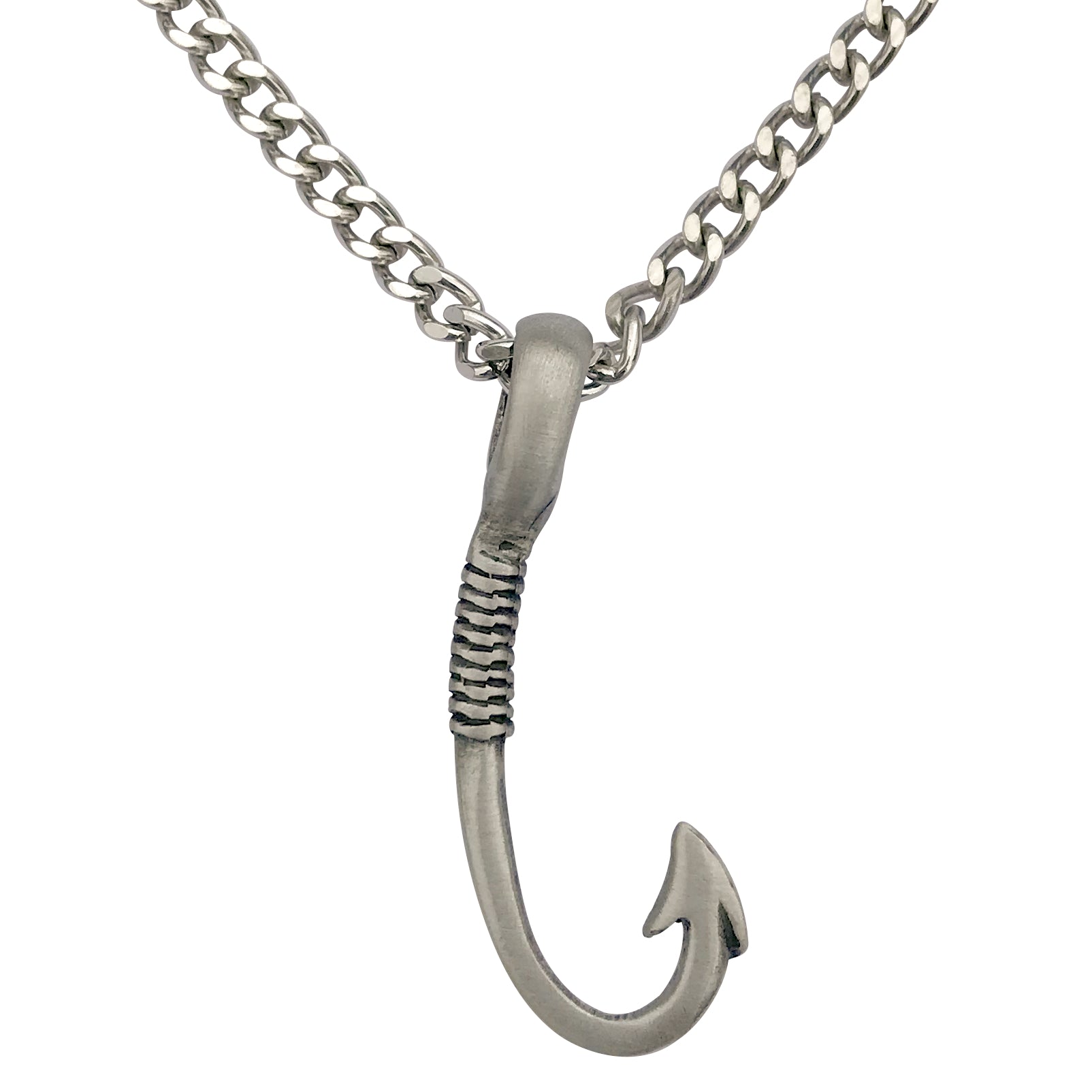 Pewter Fish Hook Fishing Pendant with Extra Large Bail, On Men's Heavy Curb Chain Necklace, 24