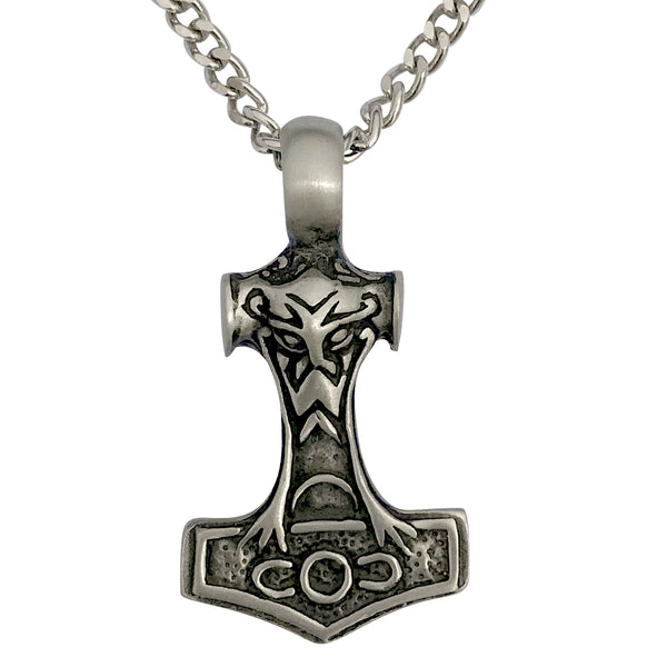 Pewter Thors Hammer Mjolnir Pendant with Extra Large Bail, on Men's Heavy Curb Chain Necklace, 24"