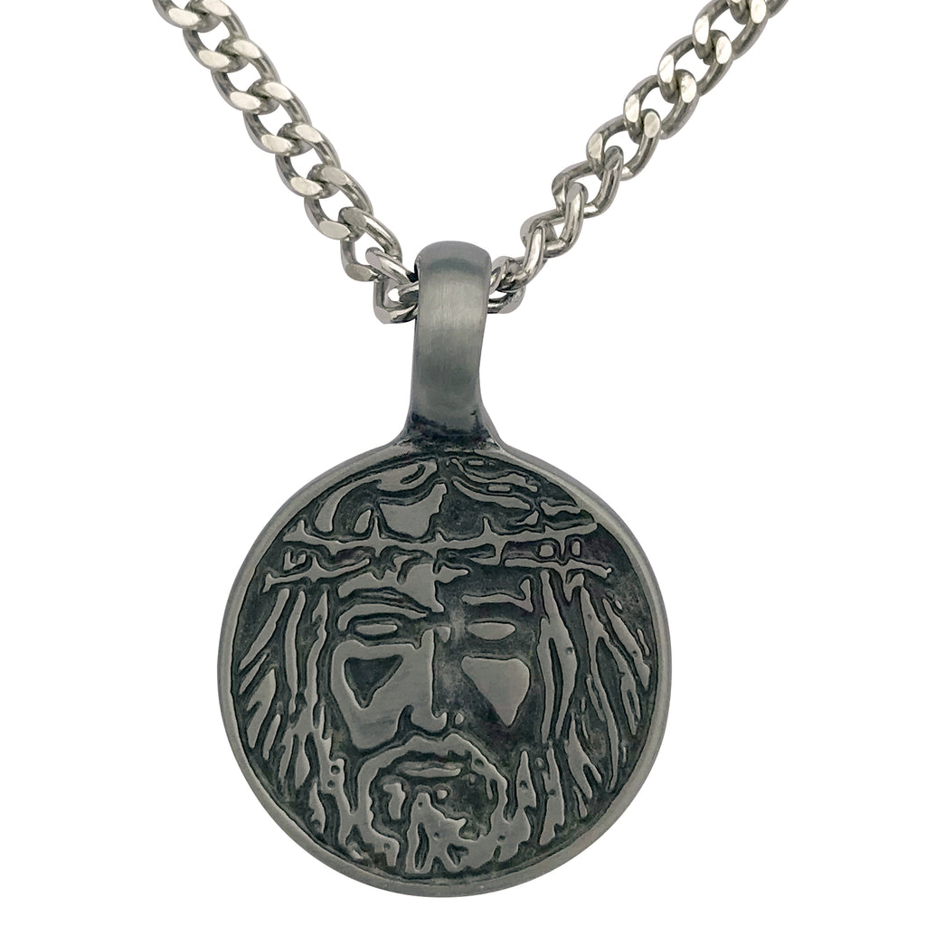 Pewter Jesus Christ Face Pendant with Extra Large Bail, on Men's Heavy Curb Chain Necklace, 24"