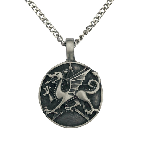 Pewter Dragon Pentagram Pendant with Extra Large Bail, on Men's Heavy Curb Chain Necklace, 24"