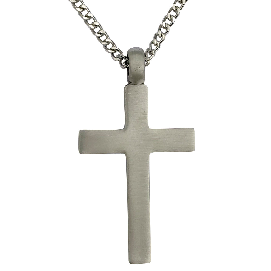 Pewter Plain Large Cross Pendant with Extra Large Bail, on Men's Heavy Curb Chain Necklace, 24"