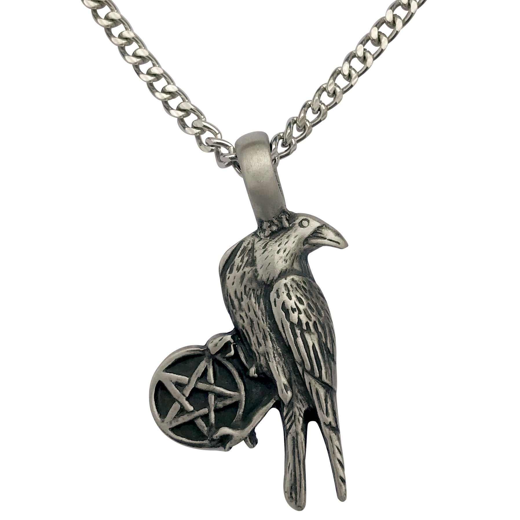 Pewter Gothic Raven Pentagram Pendant Mens Large Chain Necklace