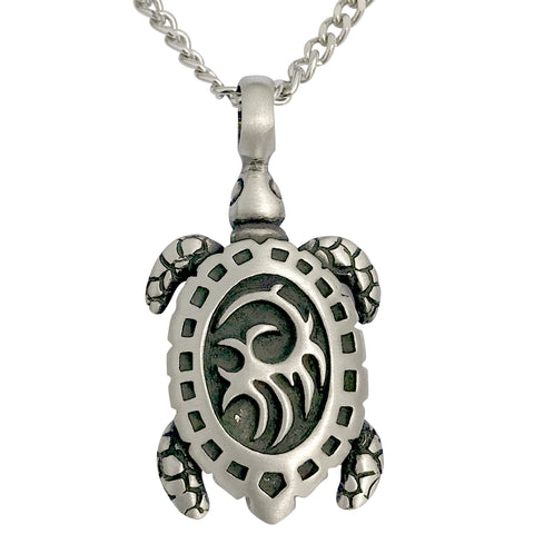 Pewter Sea Turtle Tribal Pendant with Extra Large Bail, on Men's Heavy Curb Chain Necklace, 24"