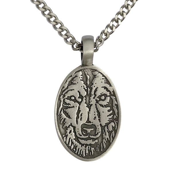 Pewter Wolf Head Etched Face Pendant with Extra Large Bail, on Men's Heavy Curb Chain Necklace, 24"