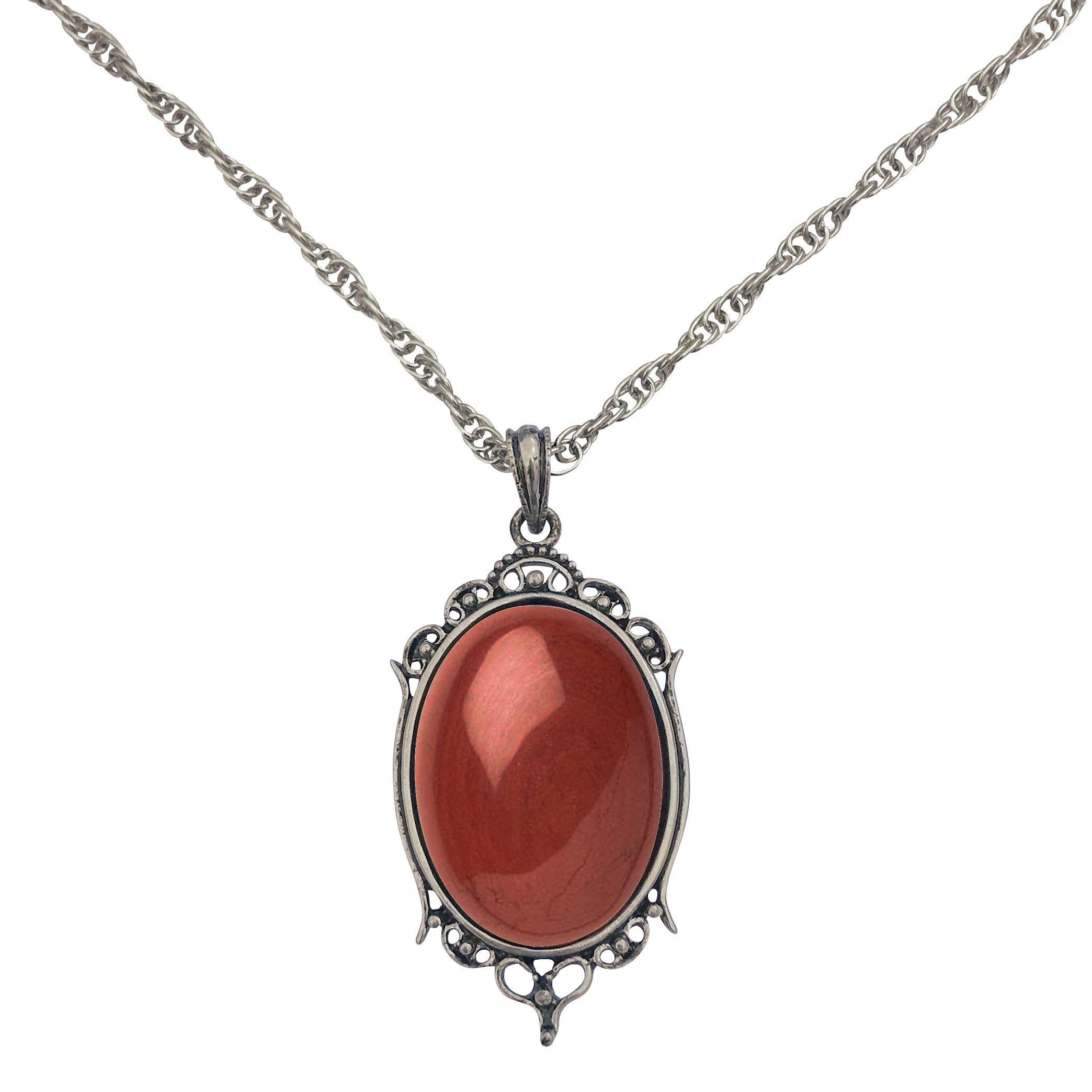 Antique Silver Red Jasper Gemstone Cabochon Fancy Pendant Necklace