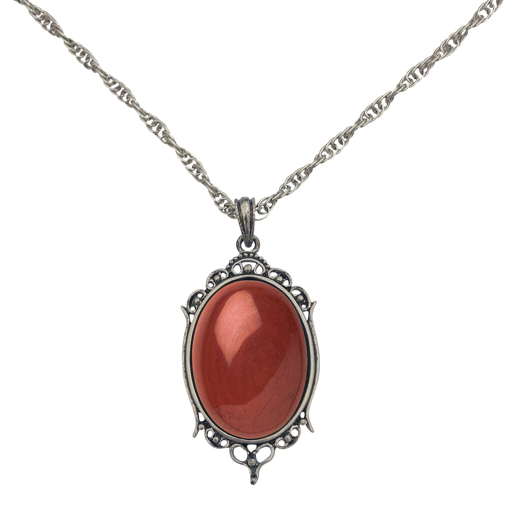 Antique Silver Red Jasper Gemstone Cabochon Pendant on Fancy Rope Chain Necklace, 24"