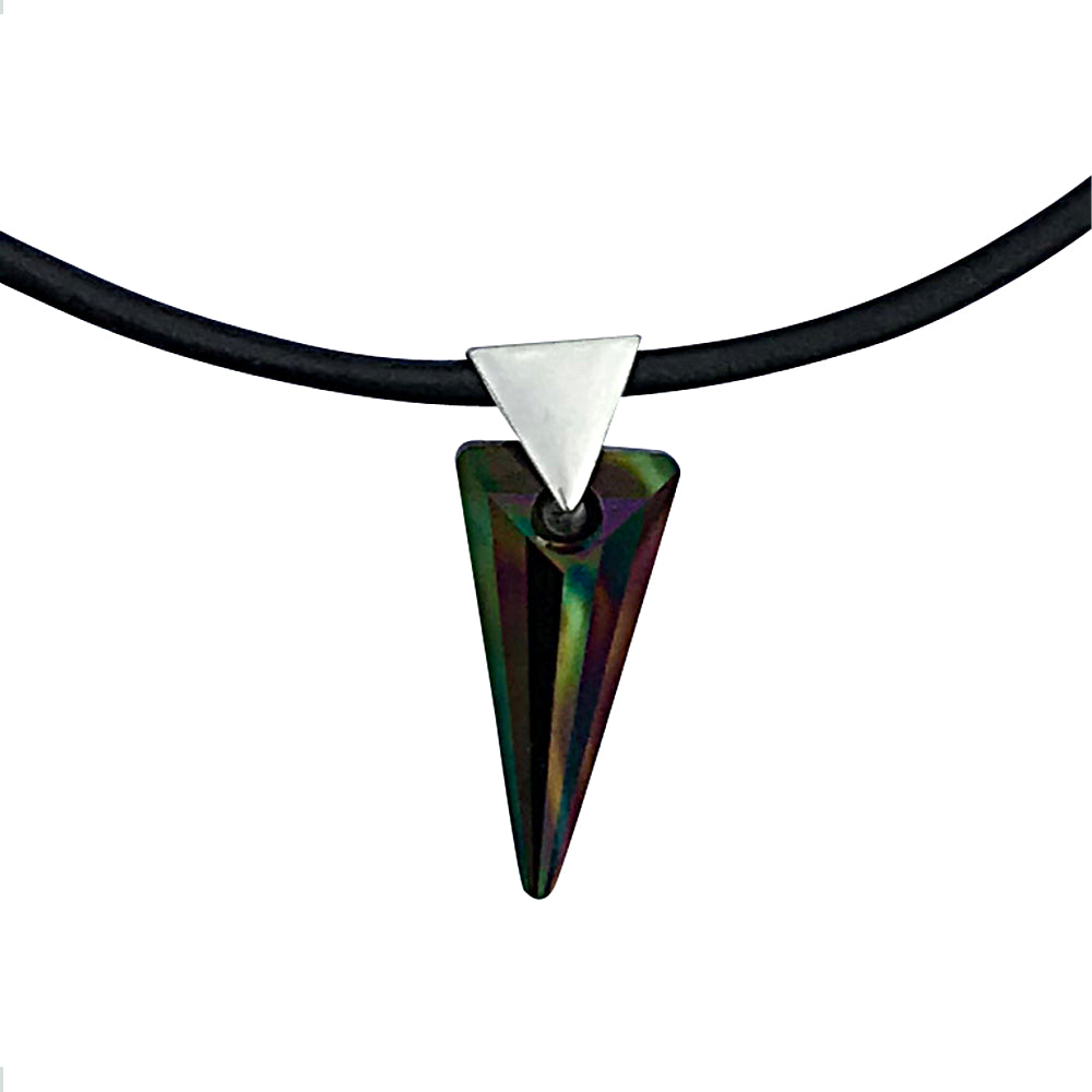Reversible Dark Rainbow Swarovski Crystal Spike Pendant Necklace on Sterling Silver Black Leather Cord
