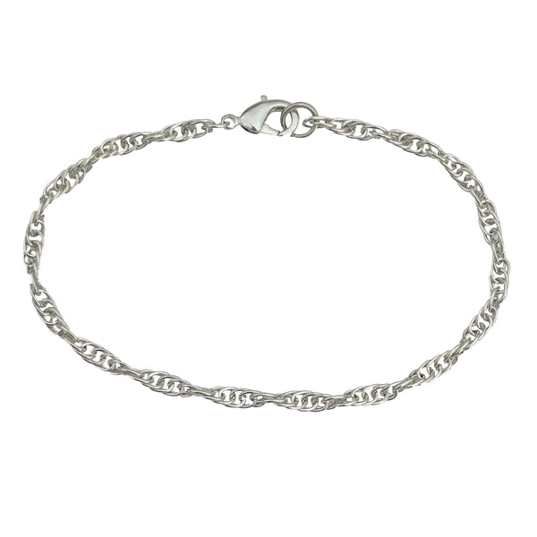 3mm Silver Plated Rope Chain Bracelet with Lobster Claw Clasp