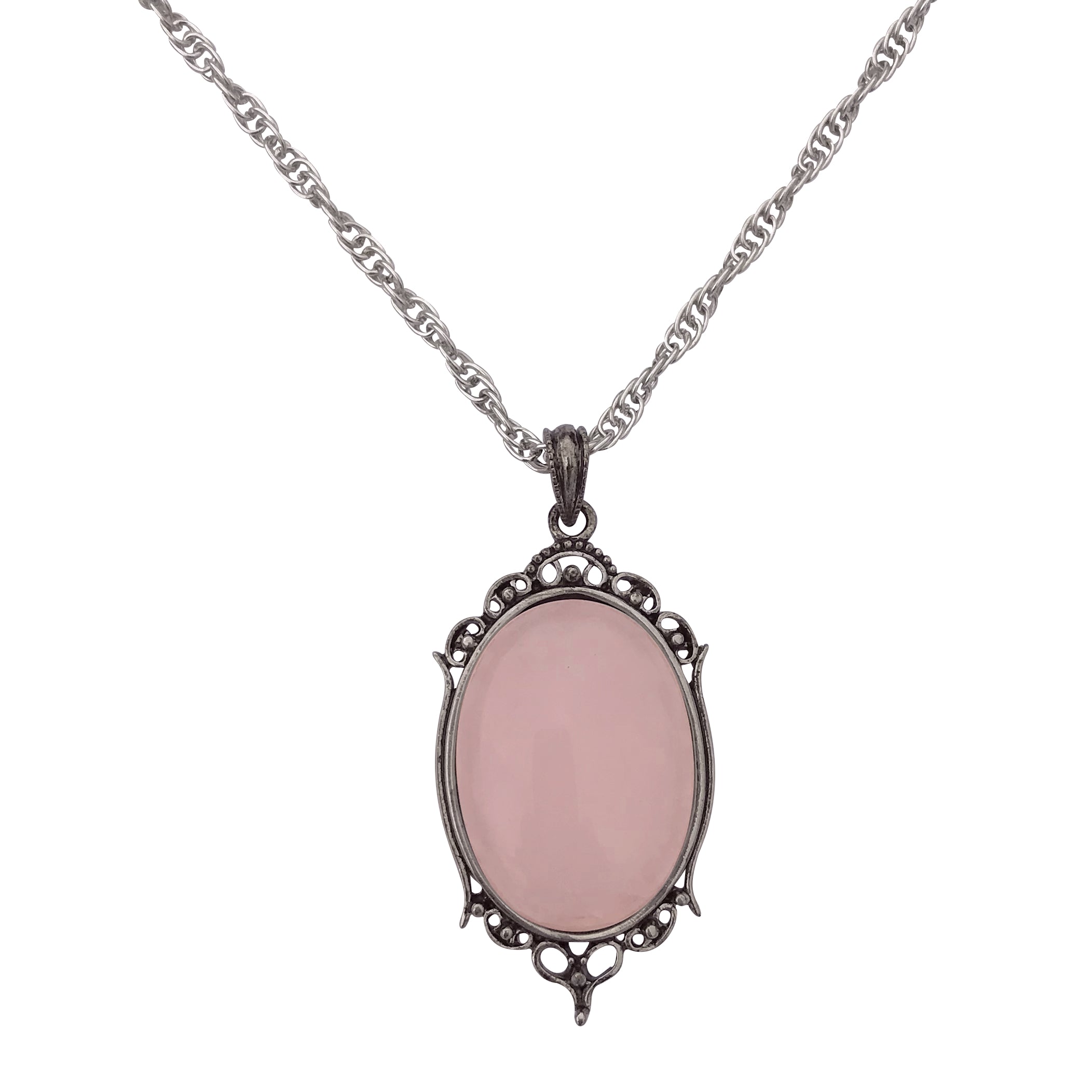 Echmeck Handmade Sterling Silver 925 Natural Oval Pink Rose Quartz 15x20mm  Stone Small Pendant Necklace 16+2 inches Chain