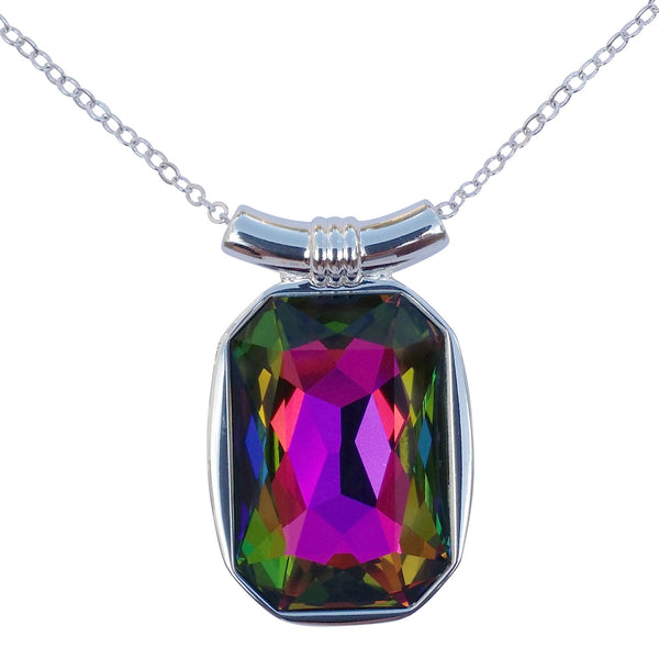 Rainbow Swarovski Crystal Square/Emerald Cut Pendant on 18" 2mm Silver-Plated Necklace