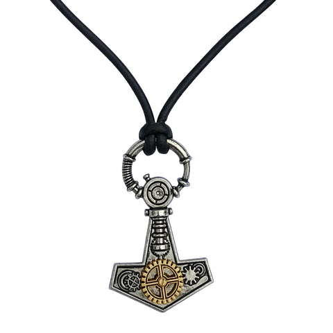 Steampunk Thor's Hammer Mjolnir Pewter Pendant on Black Leather Cord Men's Necklace, 26"