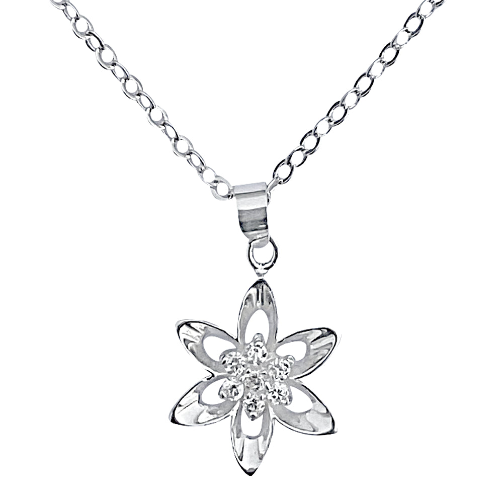 Sterling Silver Mini Cubic Zirconia Flower Pendant on Silver Cable Cha