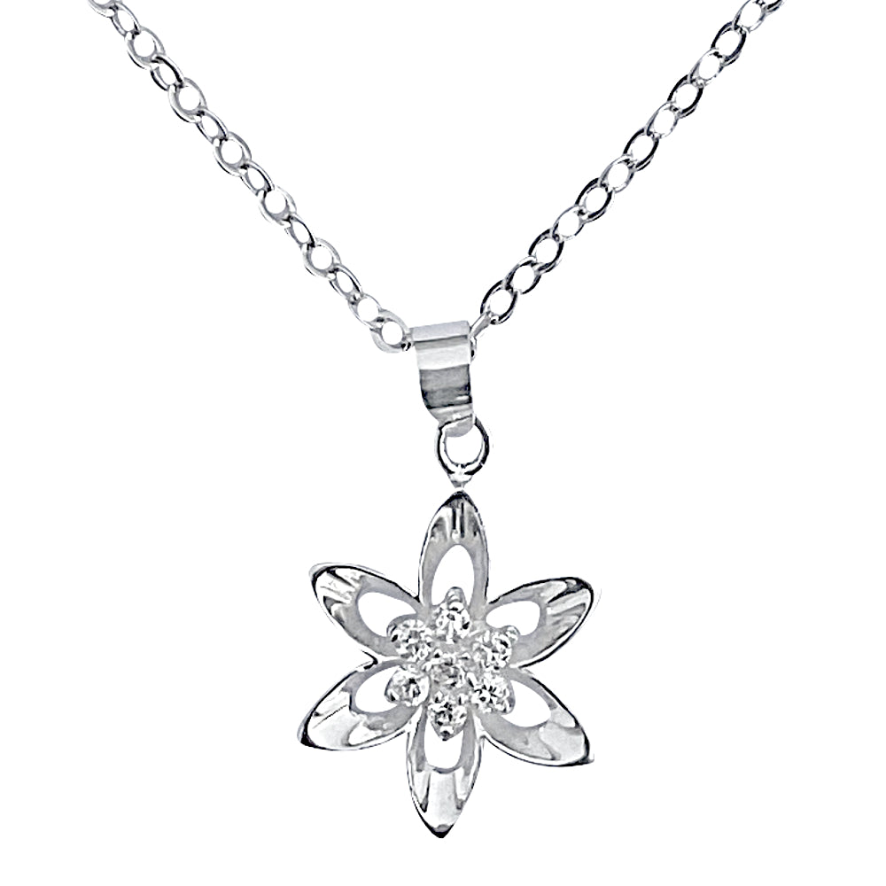 Sterling Silver Mini Cubic Zirconia Flower Pendant on Silver Cable Chain Necklace, 18" with Extender