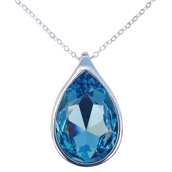 Aquamarine Swarovski Crystal Pear/Teardrop Pendant on 18" 2mm Silver-Plated Necklace