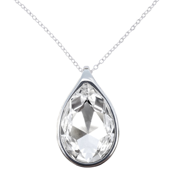 Diamond Clear Swarovski Crystal Pear/Teardrop Pendant on 18" 2mm Silver-Plated Necklace