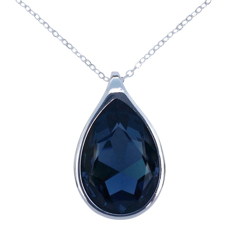 Sapphire Blue Swarovski Crystal Pear/Teardrop Pendant on 18" 2mm Silver-Plated Necklace